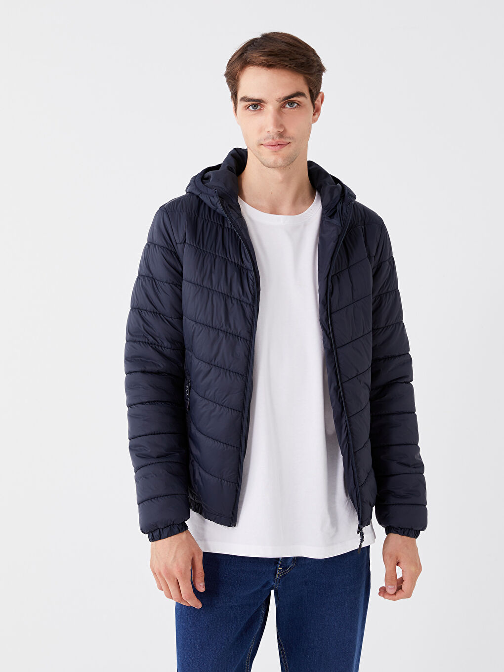 Lacivert Slim Fit Kapüşonlu Erkek Şişme Mont