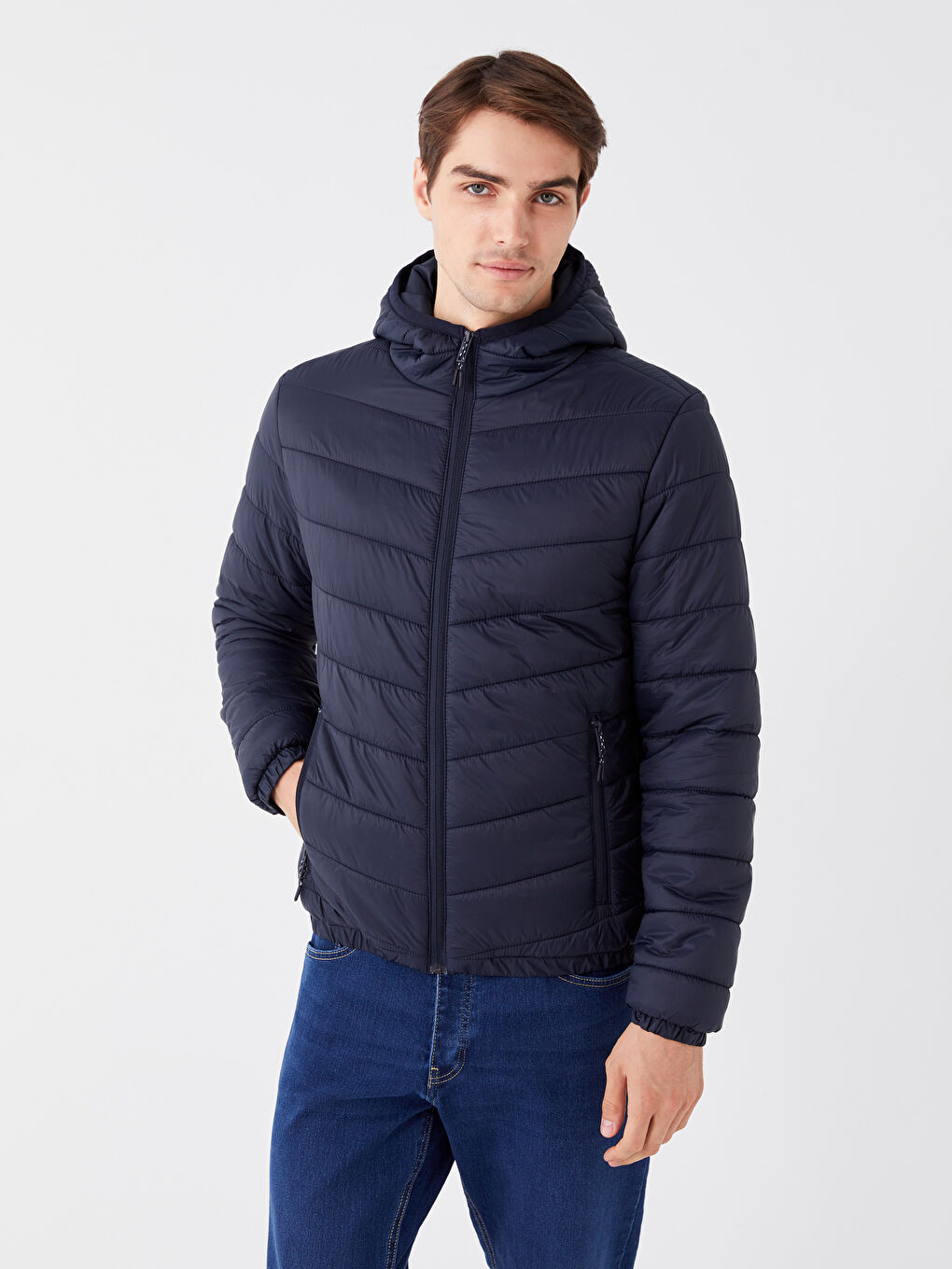 Lacivert Slim Fit Kapüşonlu Erkek Şişme Mont-1