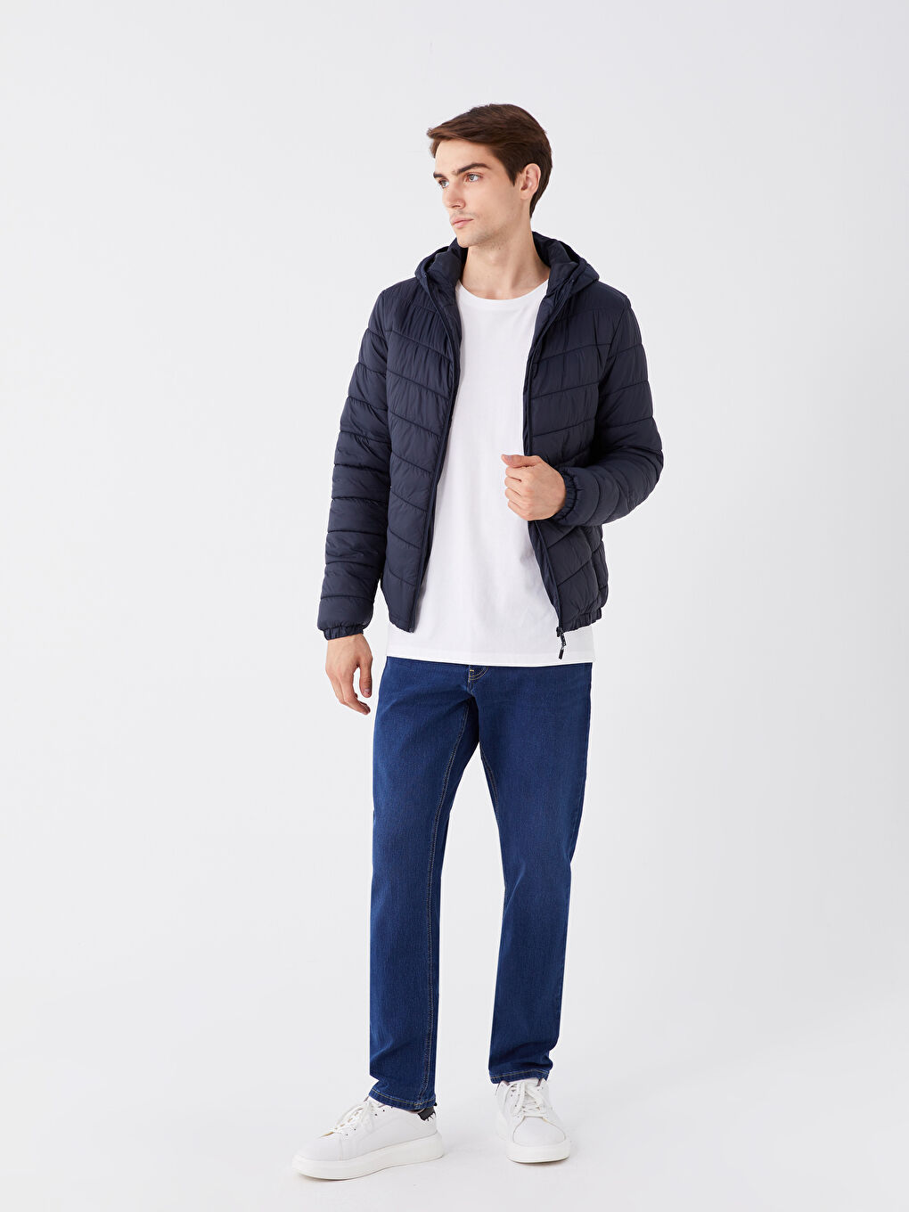 Lacivert Slim Fit Kapüşonlu Erkek Şişme Mont-2