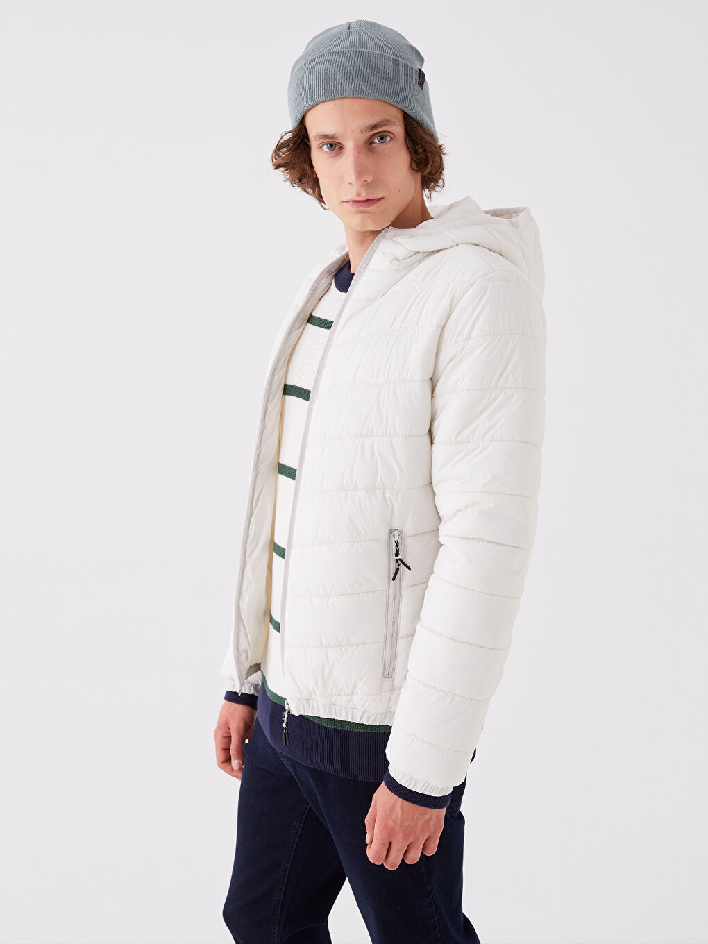 Gri Slim Fit Kapüşonlu Erkek Şişme Mont