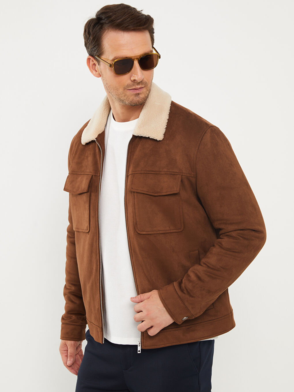 Kahverengi Slim Fit Kürk Yaka Süet Erkek Mont