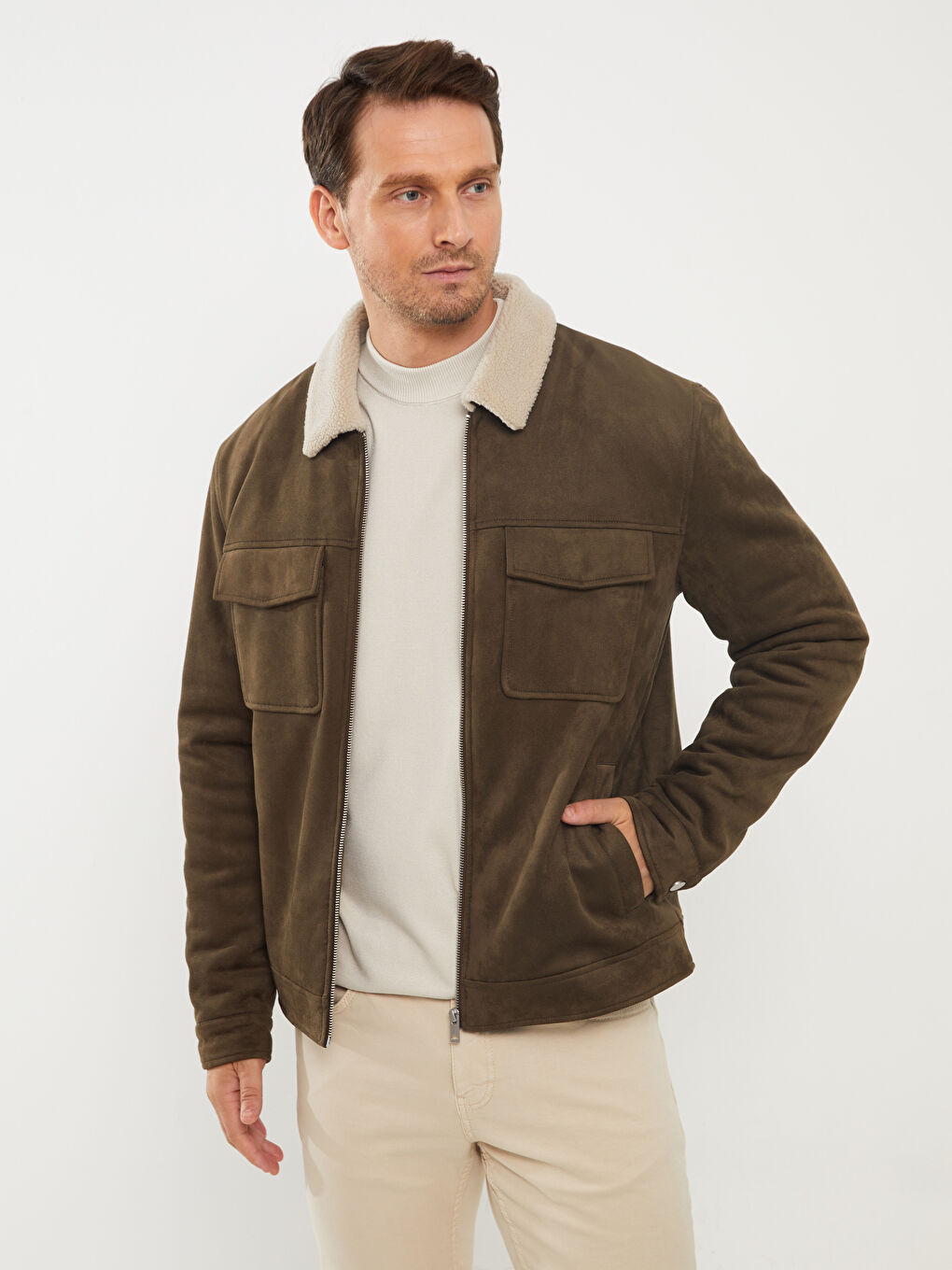 LCW Vision Slim Fit Kürk Yaka Süet Erkek Mont-1