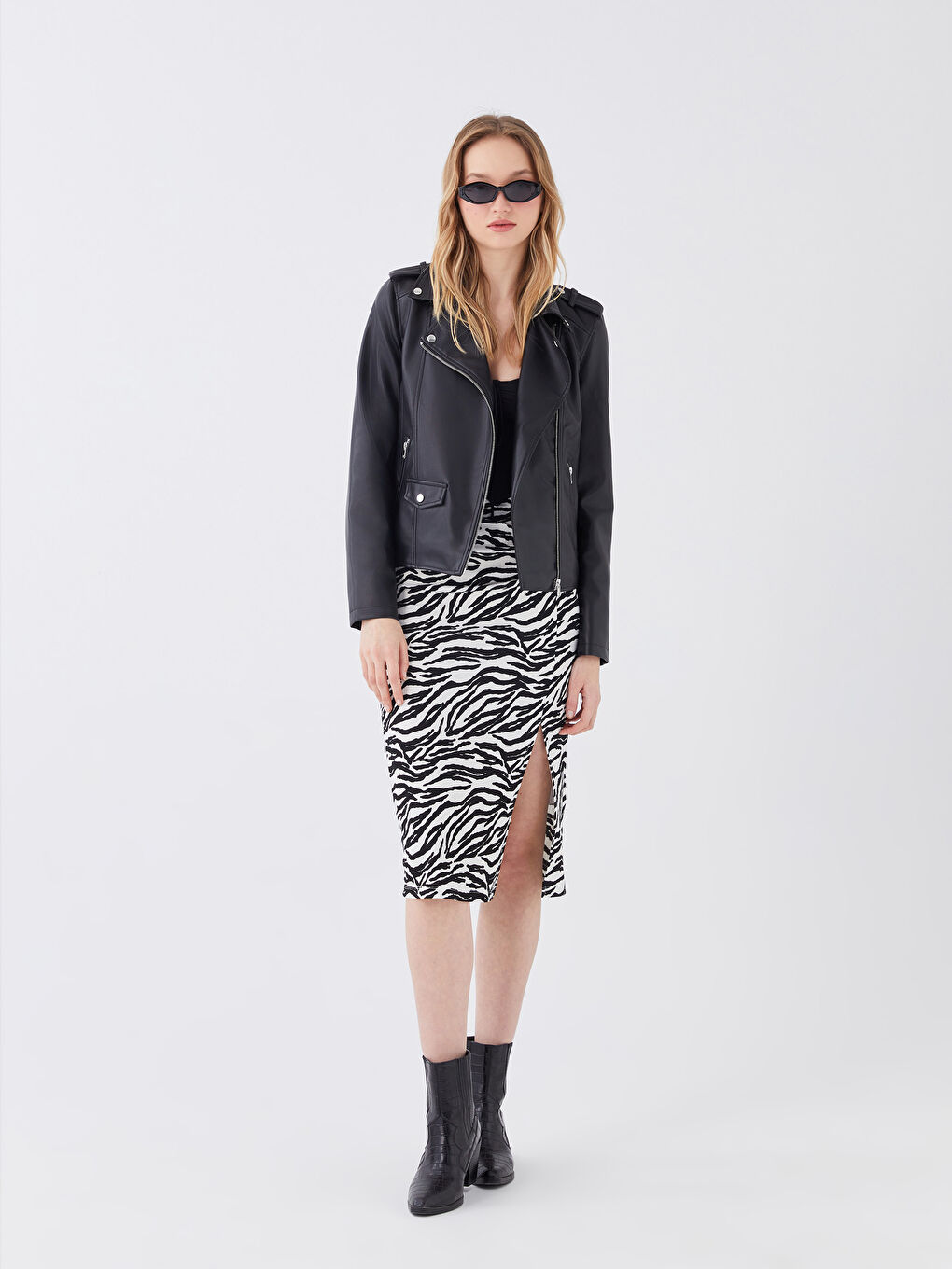 ქალებისთვის ბაიკერის საყელო უბრალო ხელოვნური ტყავის ქურთუკი-5