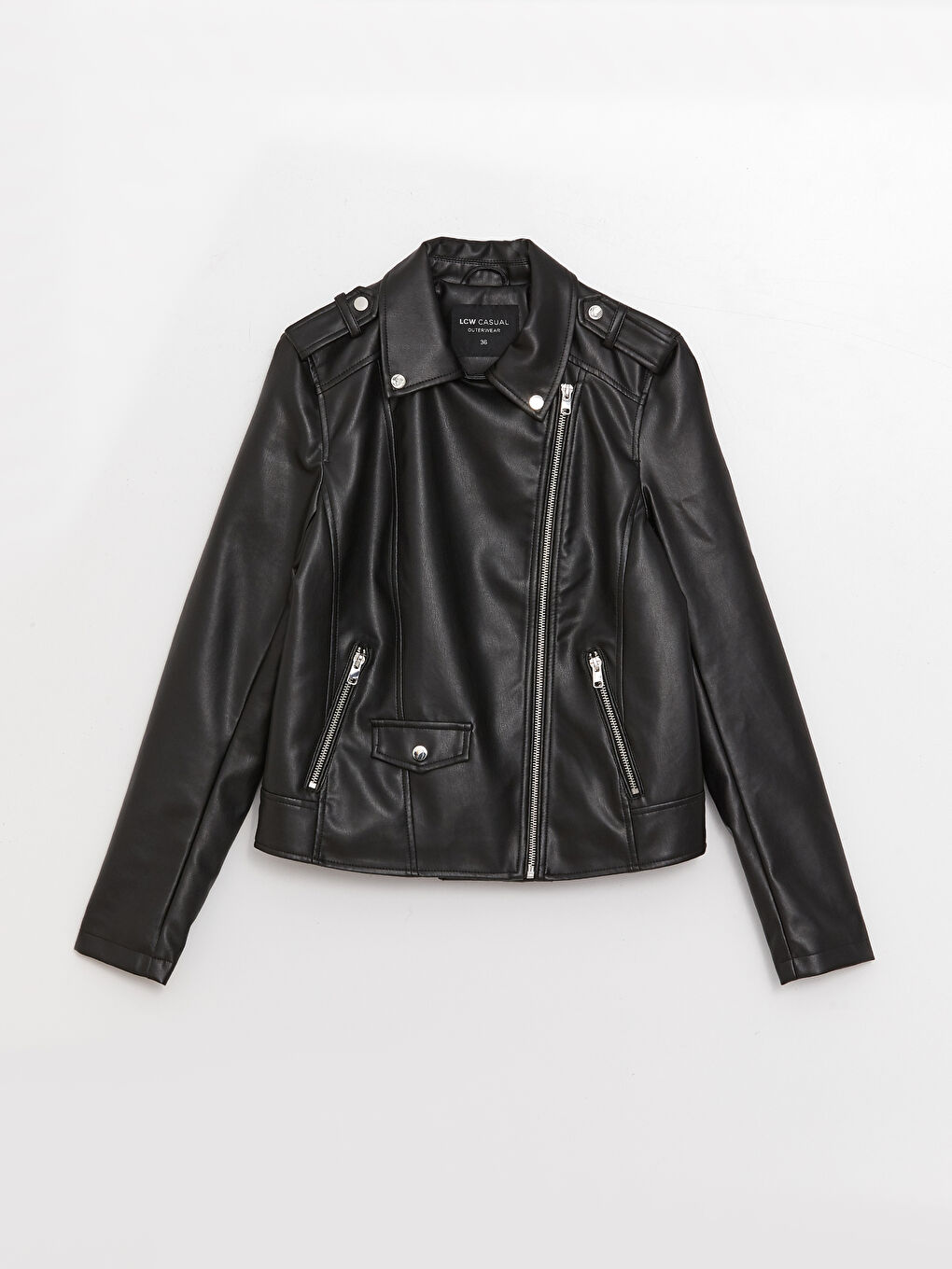 ქალებისთვის ბაიკერის საყელო უბრალო ხელოვნური ტყავის ქურთუკი-10