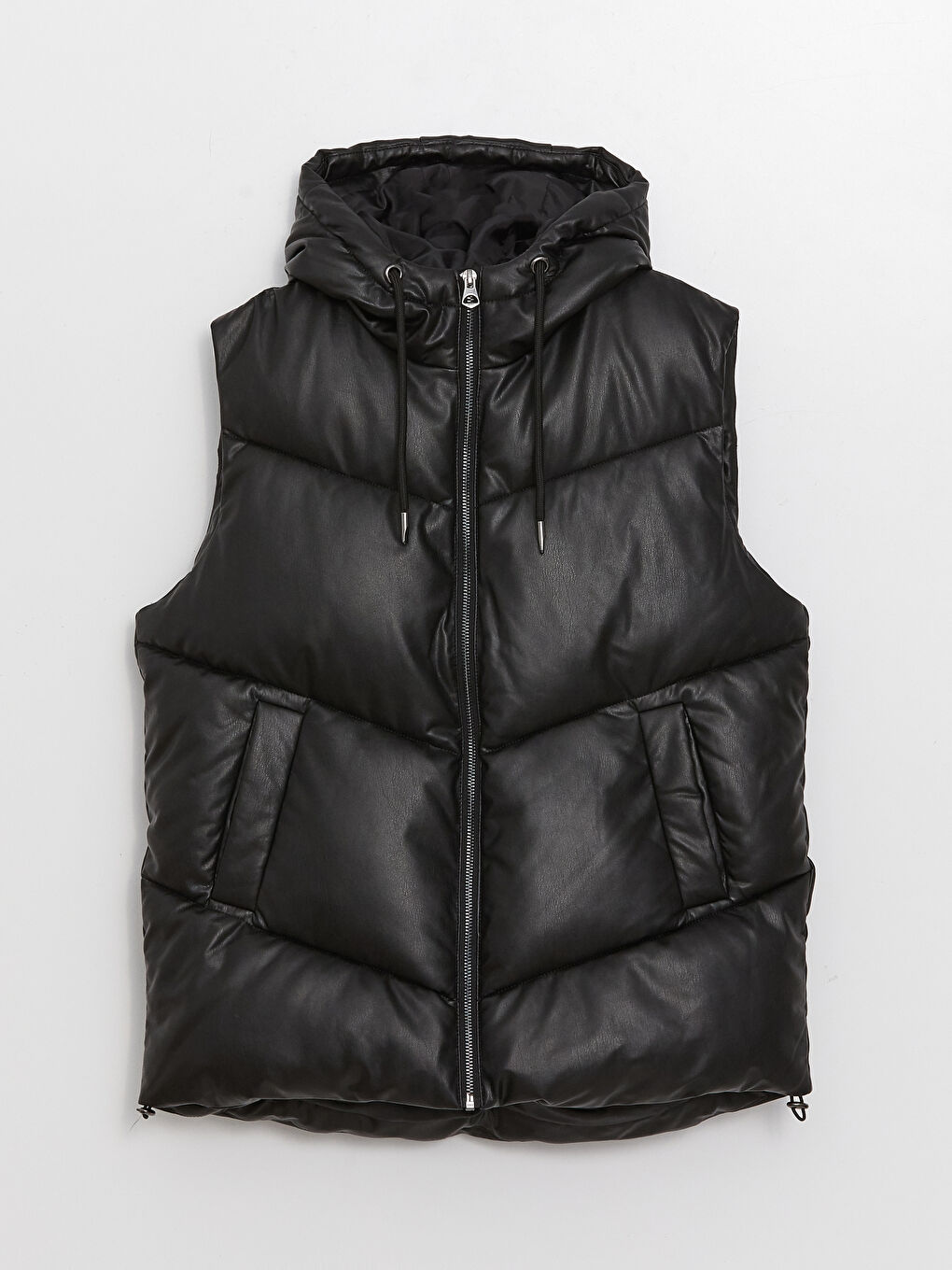 Hooded Plain Faux Leather Women's Puffer Gilet-6