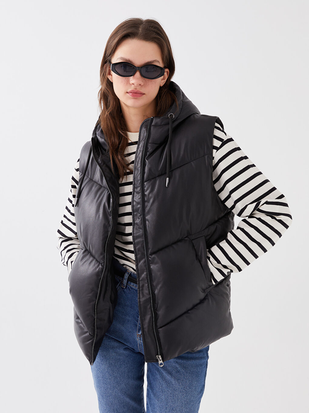 Hooded Plain Faux Leather Women's Puffer Gilet