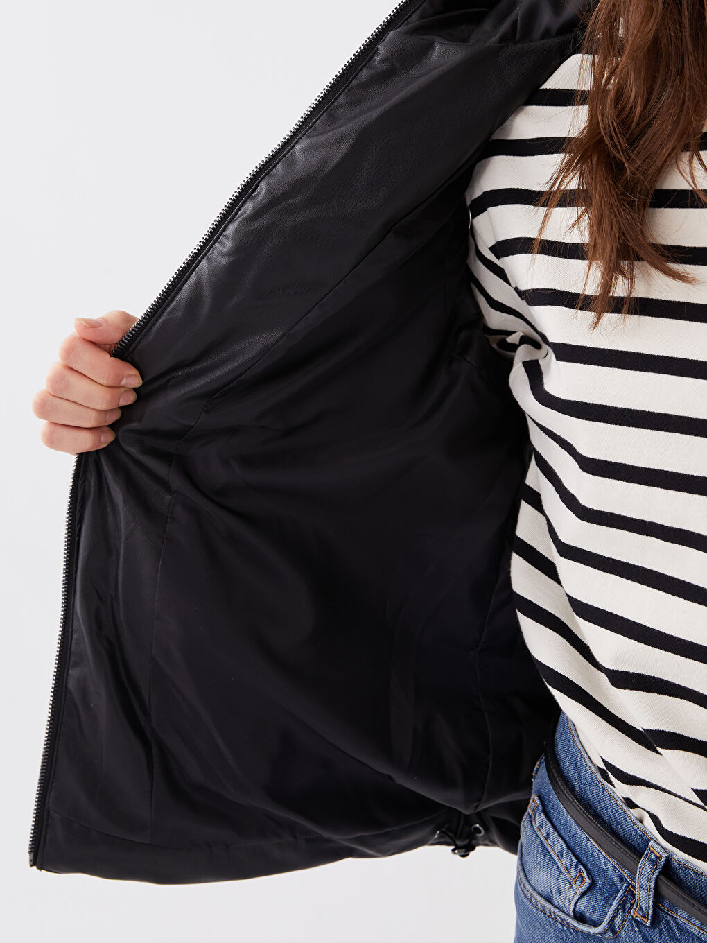 Hooded Plain Faux Leather Women's Puffer Gilet-4