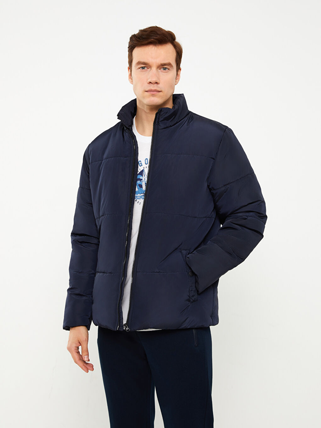 Lacivert Standart Kalıp Dik Yaka Erkek Şişme Mont