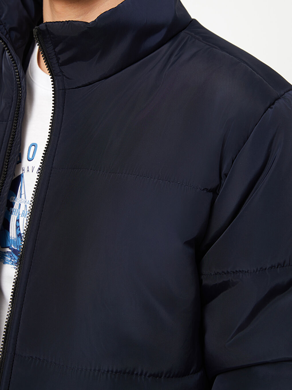 Lacivert Standart Kalıp Dik Yaka Erkek Şişme Mont-2