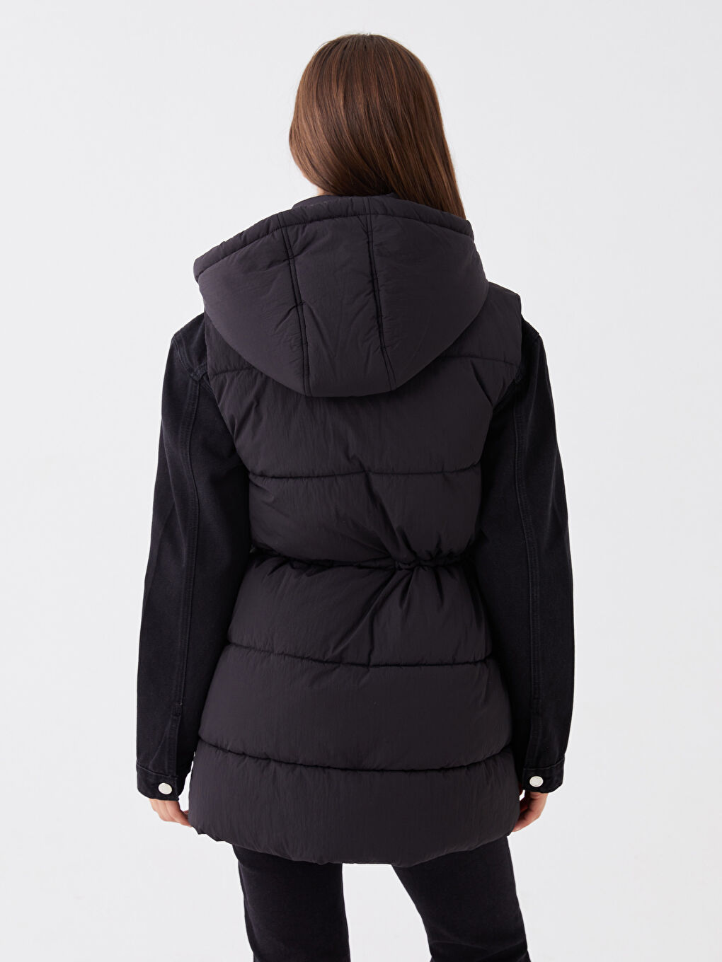 Siyah Kadın Kapüşonlu Düz Şişme Yelek-6