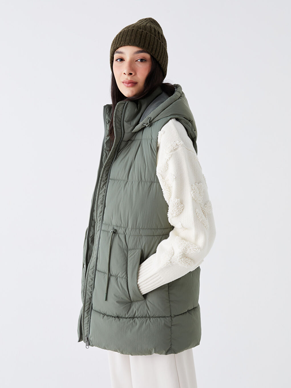 Women's Hooded Plain Puffer Gilet-1