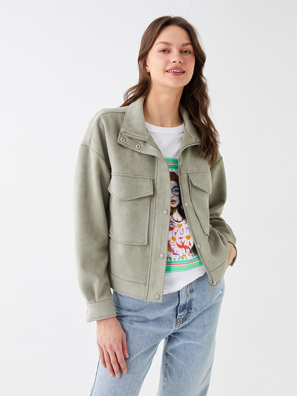 Mantel für Damen aus Wildleder mit Stehkragen und geraden, langen Ärmeln-1