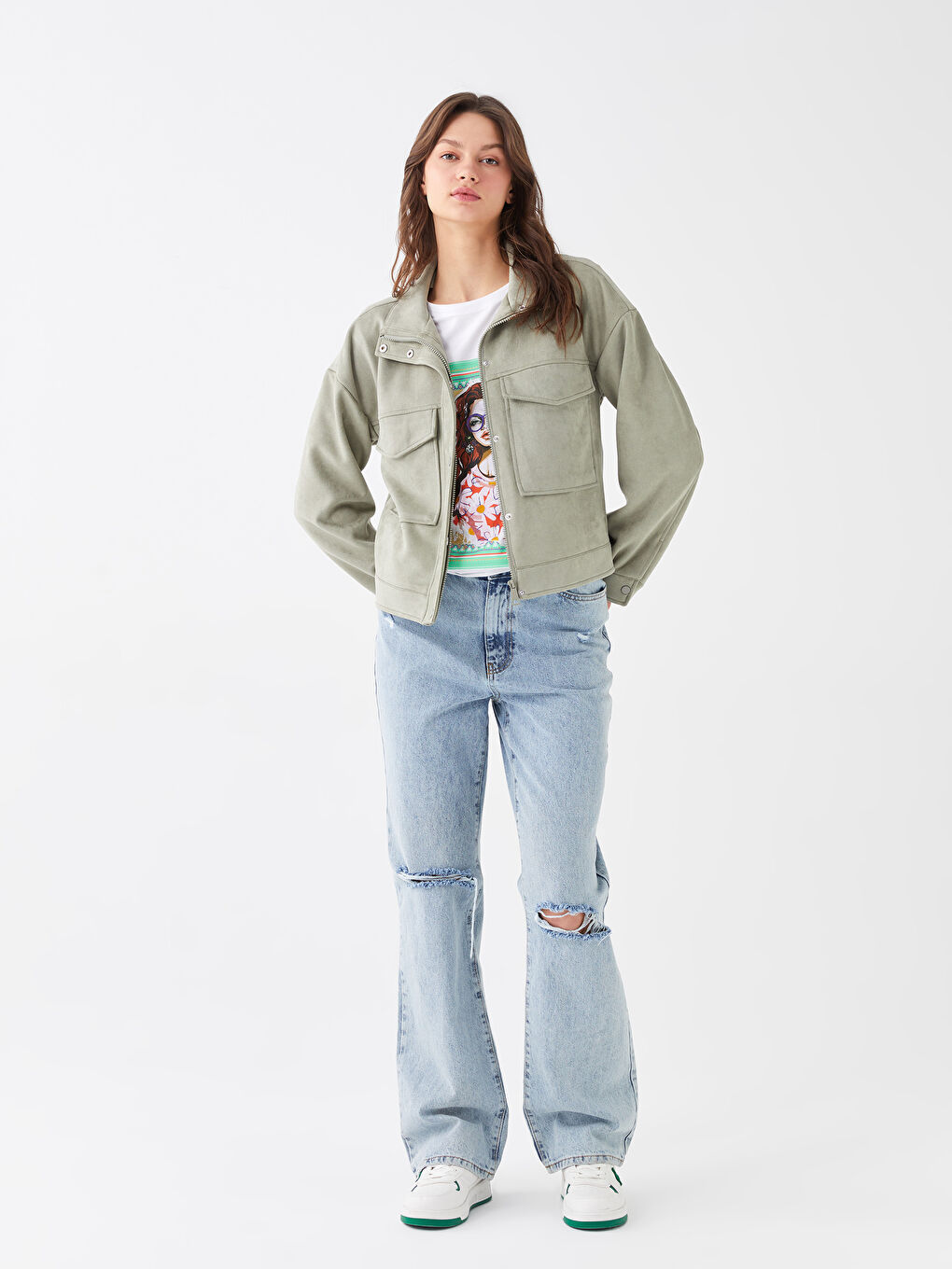 Mantel für Damen aus Wildleder mit Stehkragen und geraden, langen Ärmeln-2