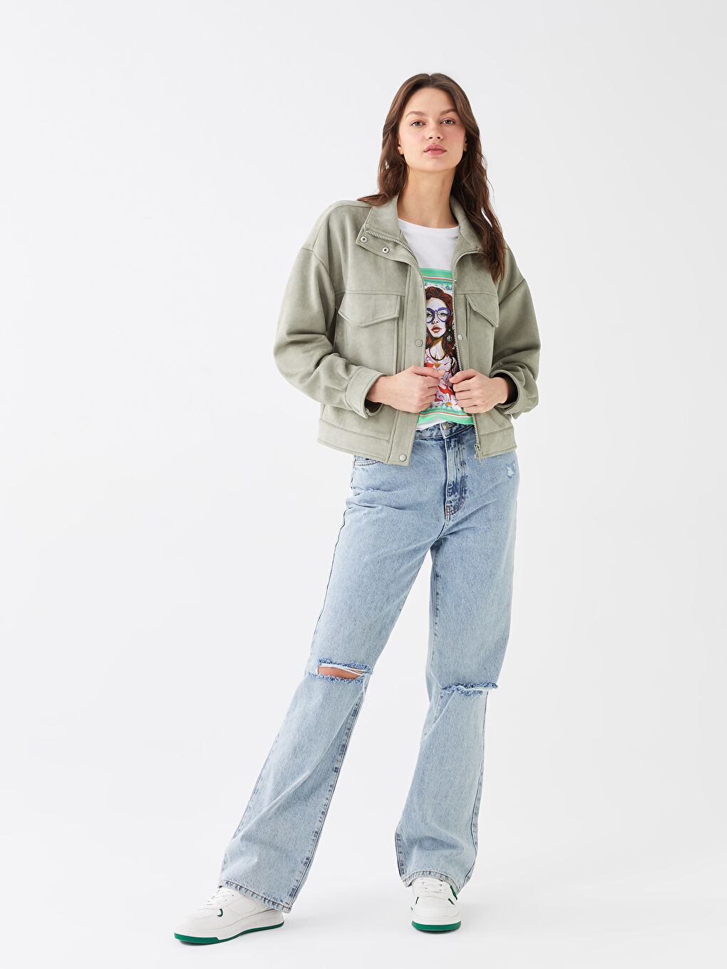 Mantel für Damen aus Wildleder mit Stehkragen und geraden, langen Ärmeln-3