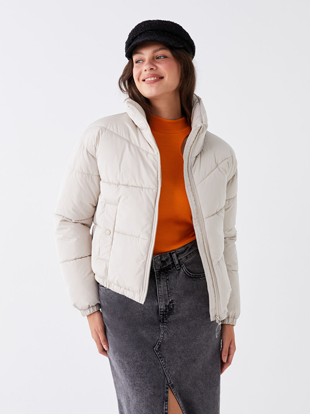 LCW Vision Stand Up Collar Straight Long Sleeve Crop Women's Down Coat -W30580Z8-V56