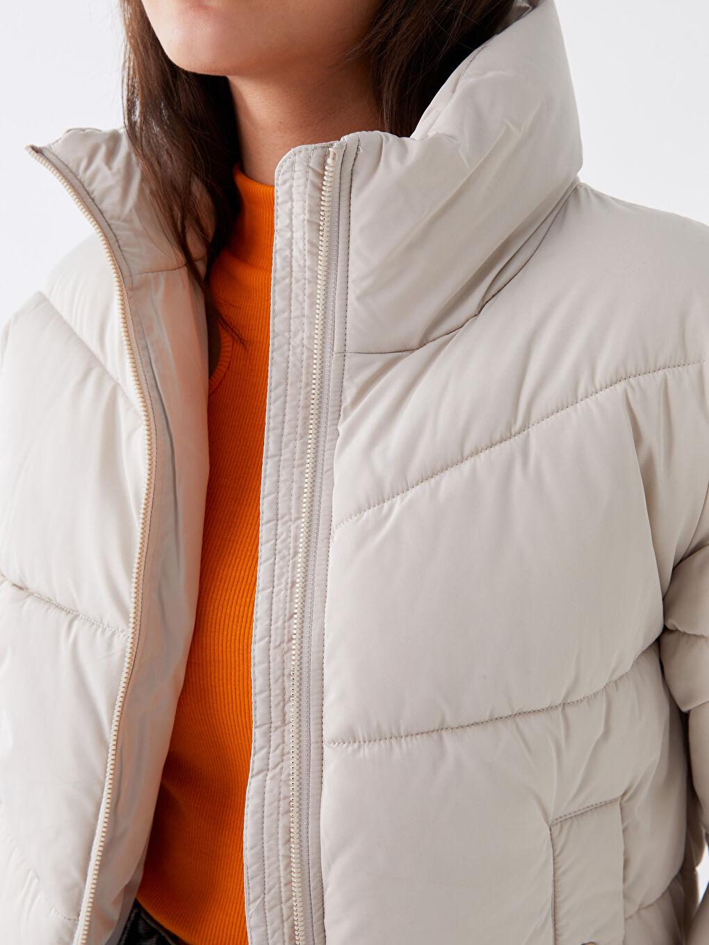 LCW Vision Stand Up Collar Straight Long Sleeve Crop Women's Down Coat -W30580Z8-V56