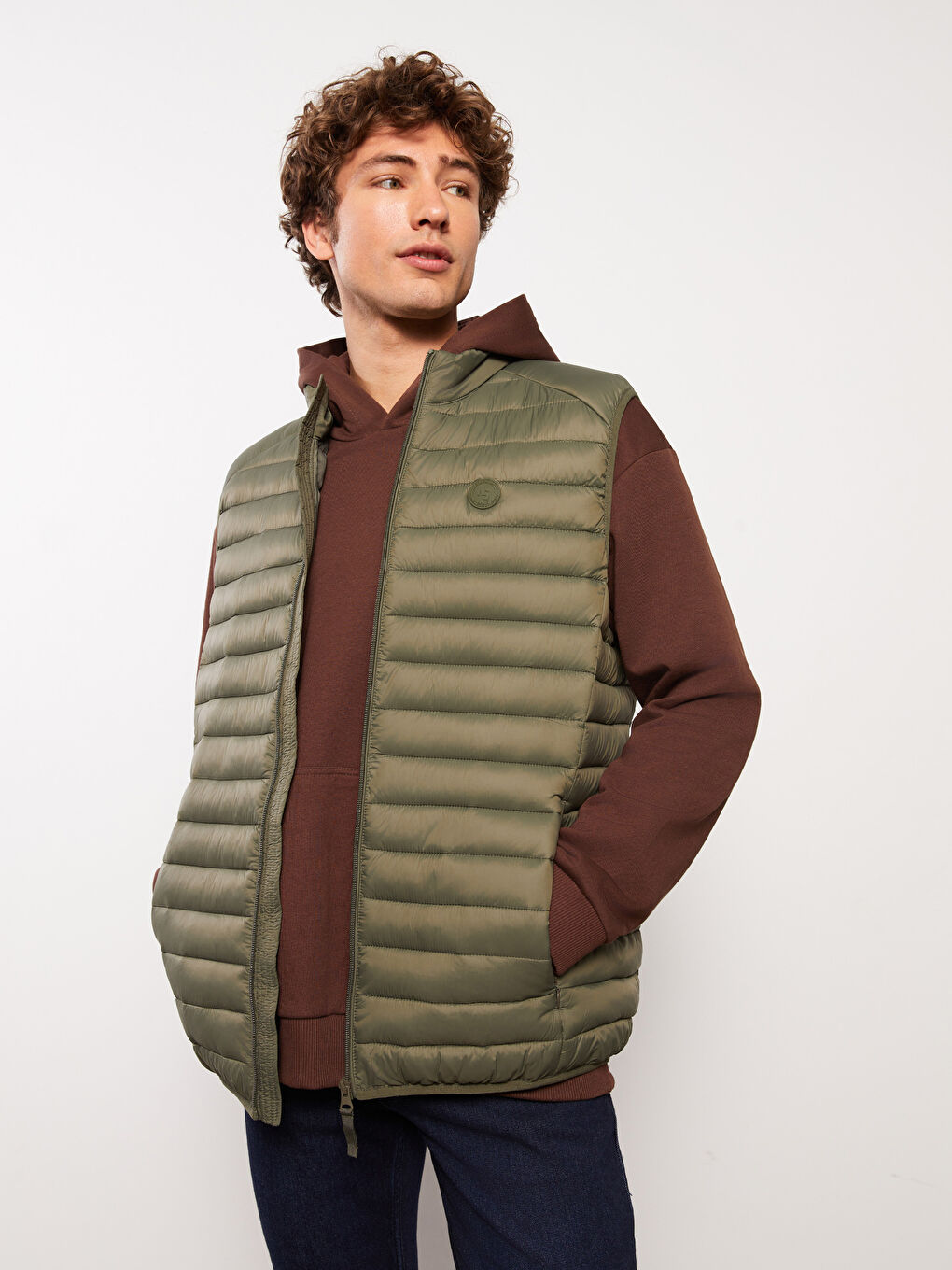 Haki Slim Fit Dik Yaka Erkek Şişme Yelek-1