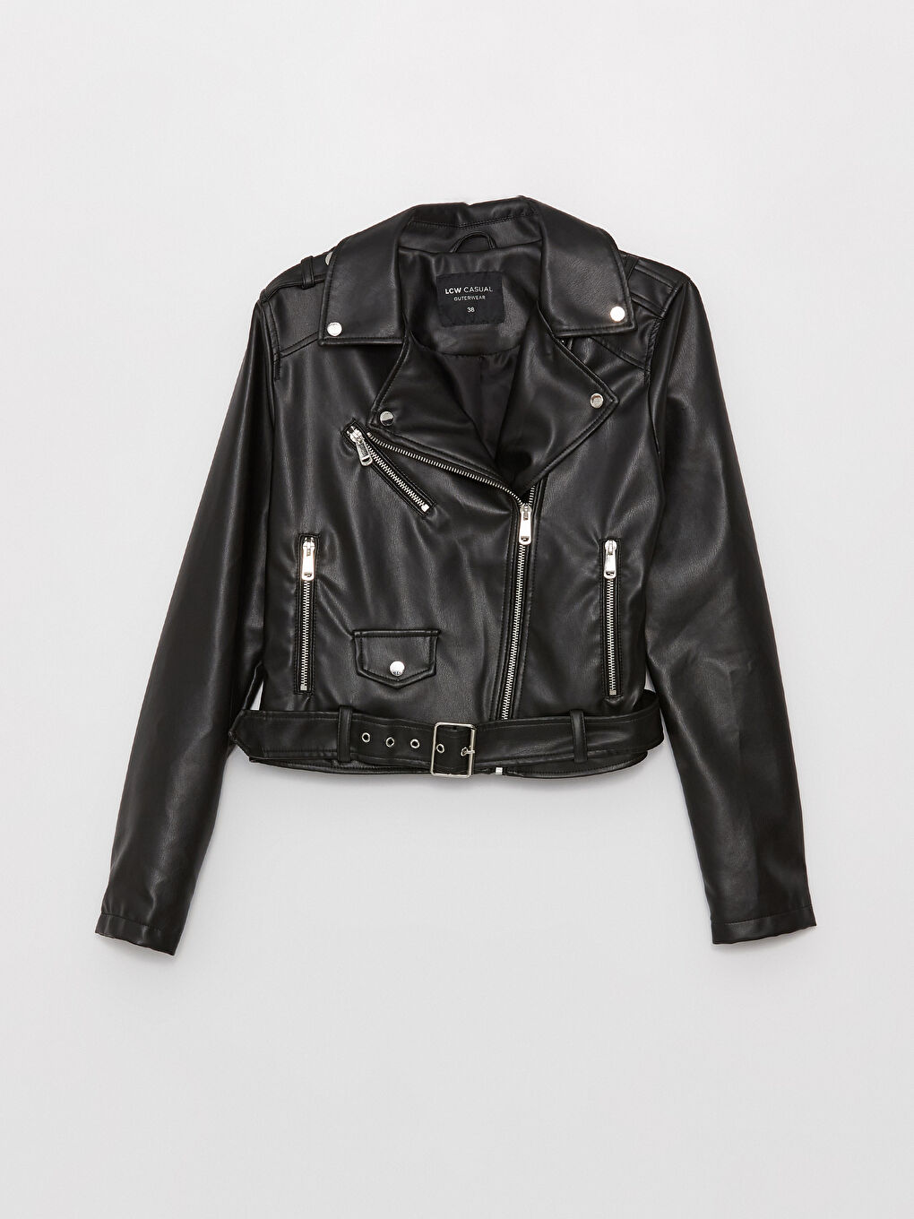 Siyah Biker Yaka Kadın Deri Görünümlü Ceket-6