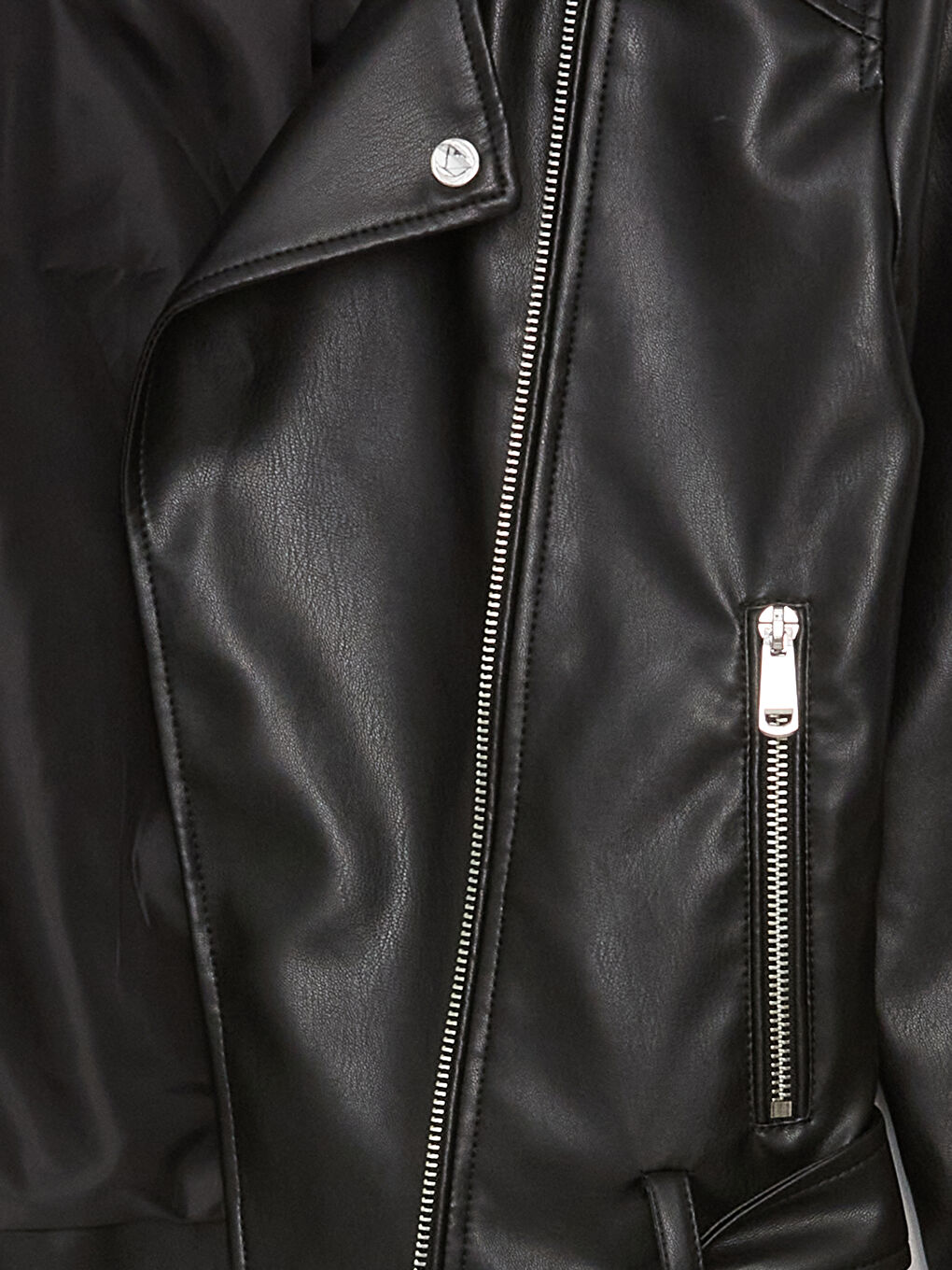 Siyah Biker Yaka Kadın Deri Görünümlü Ceket-7