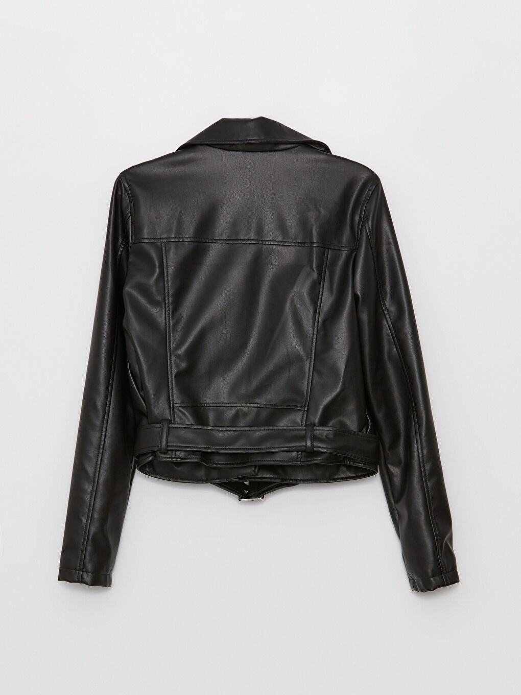 Siyah Biker Yaka Kadın Deri Görünümlü Ceket-8
