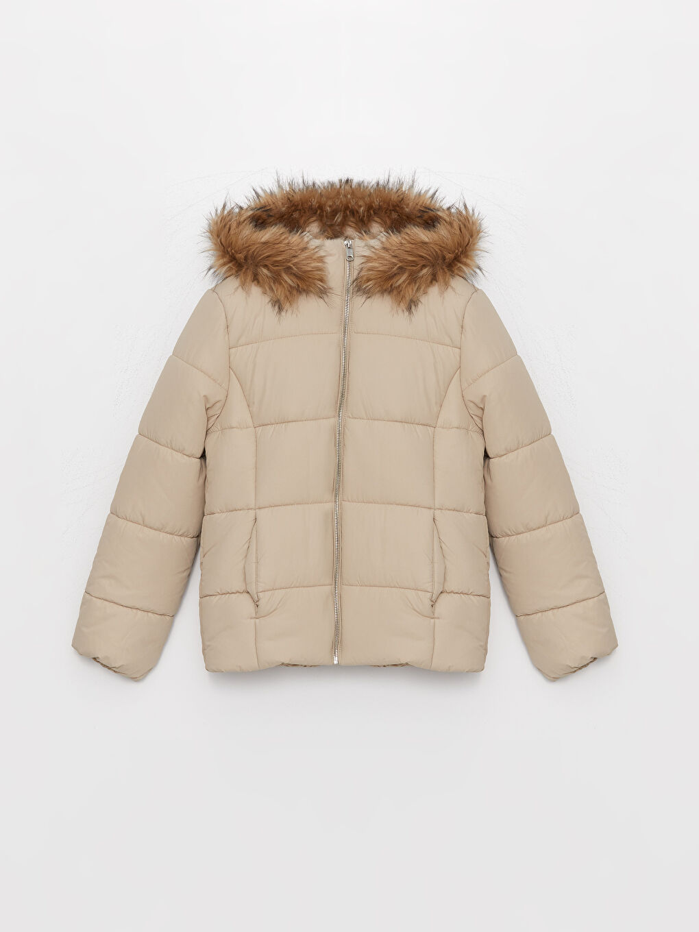 Ekru Kadın Kapüşonlu Düz Şişme Mont-7