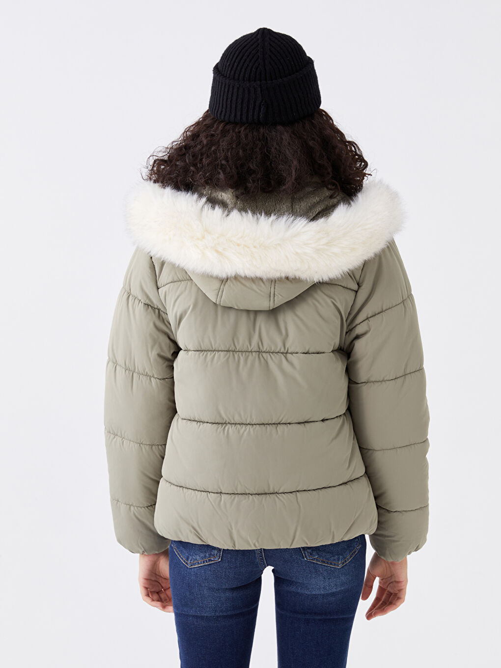 Haki Kadın Kapüşonlu Düz Şişme Mont-5