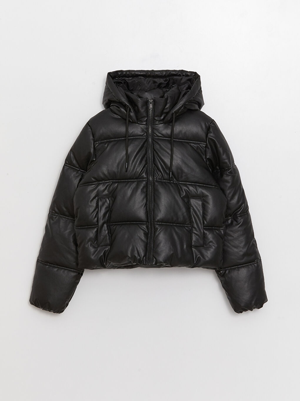 Women's Leather Look Down Jacket With Hooded Straight Long Sleeve-6