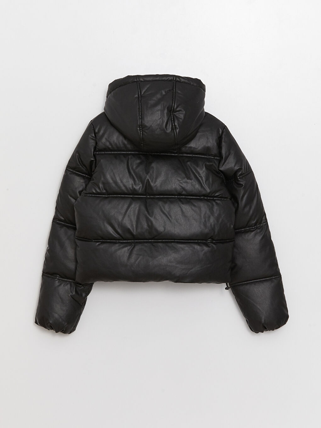 Women's Leather Look Down Jacket With Hooded Straight Long Sleeve-7