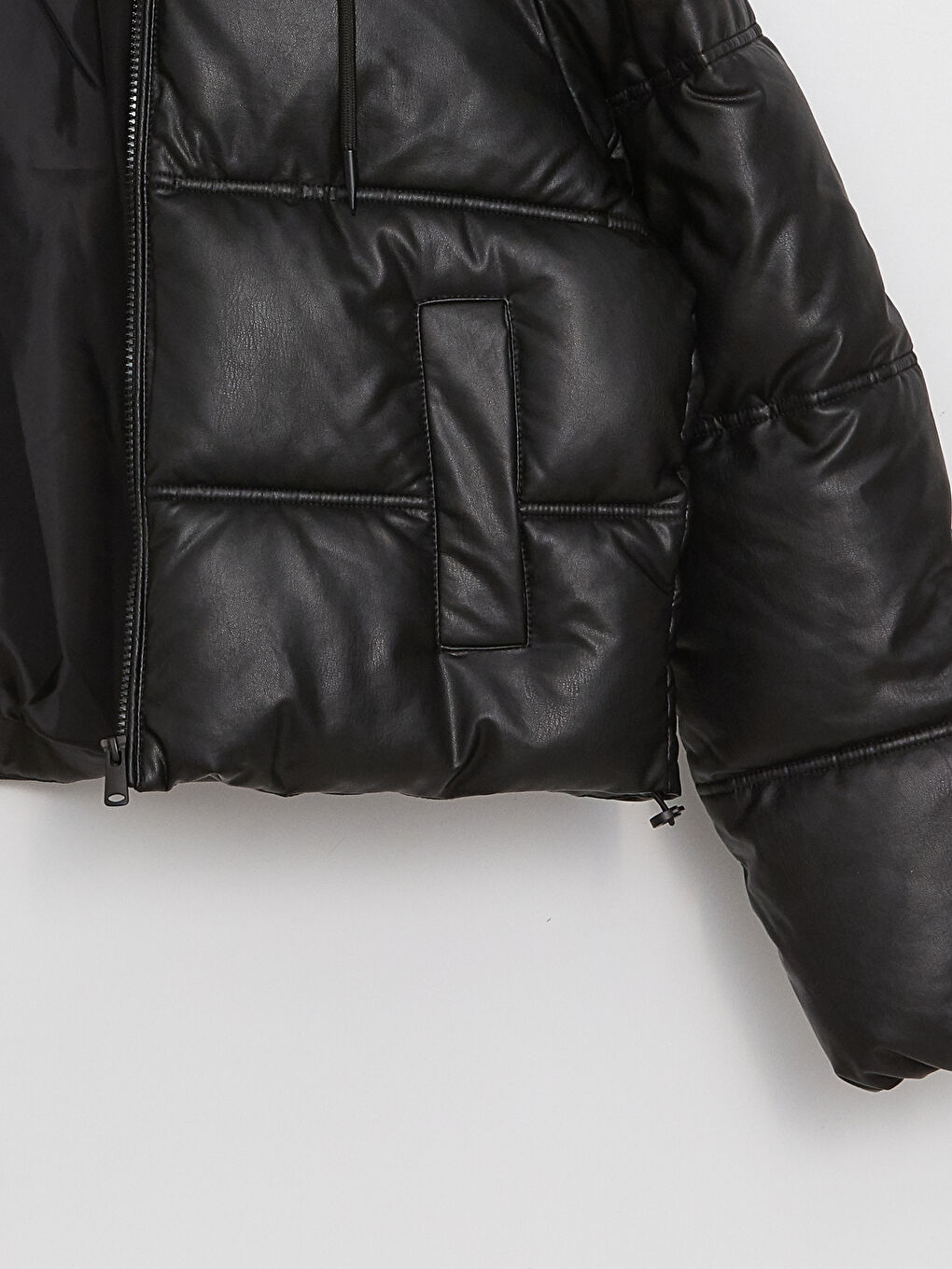 Women's Leather Look Down Jacket With Hooded Straight Long Sleeve-8