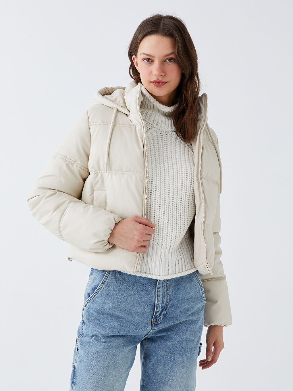 Women's Leather Look Down Jacket With Hooded Straight Long Sleeve