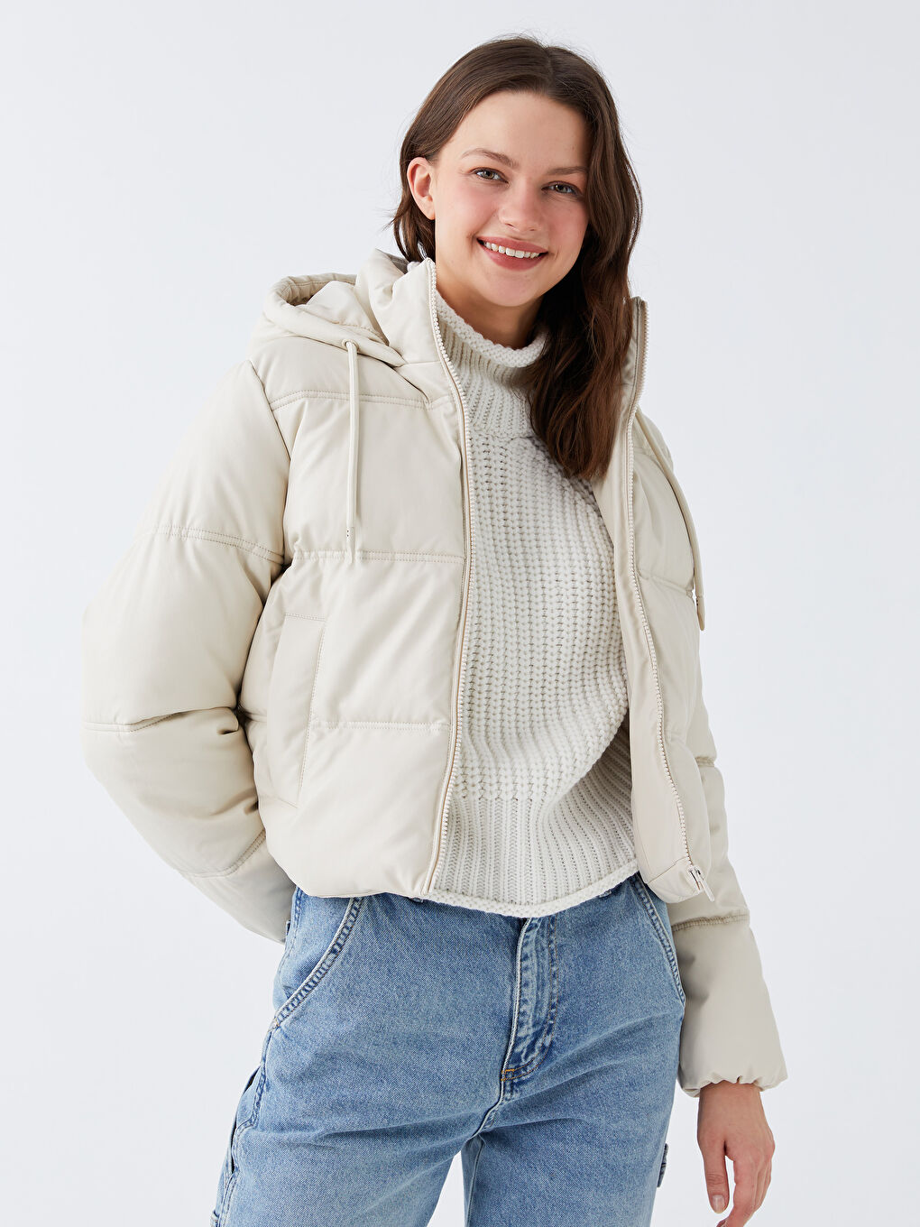 Women's Leather Look Down Jacket With Hooded Straight Long Sleeve-1