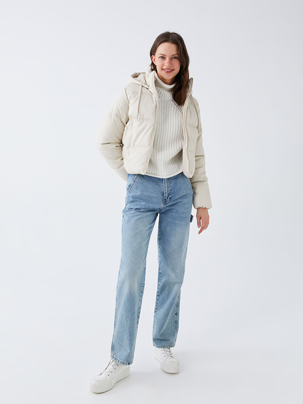 Women's Leather Look Down Jacket With Hooded Straight Long Sleeve-2