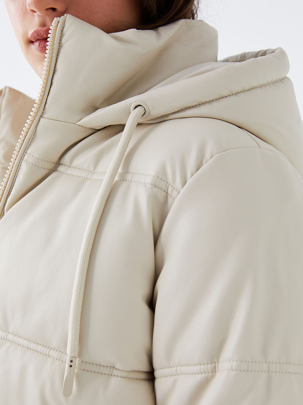 Women's Leather Look Down Jacket With Hooded Straight Long Sleeve-3