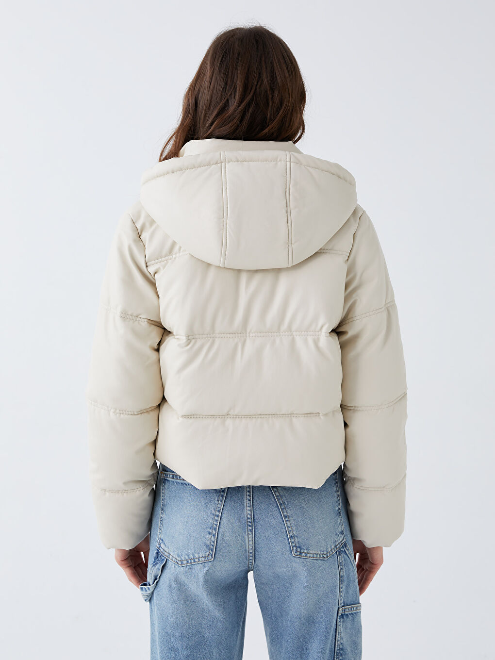 Women's Leather Look Down Jacket With Hooded Straight Long Sleeve-5