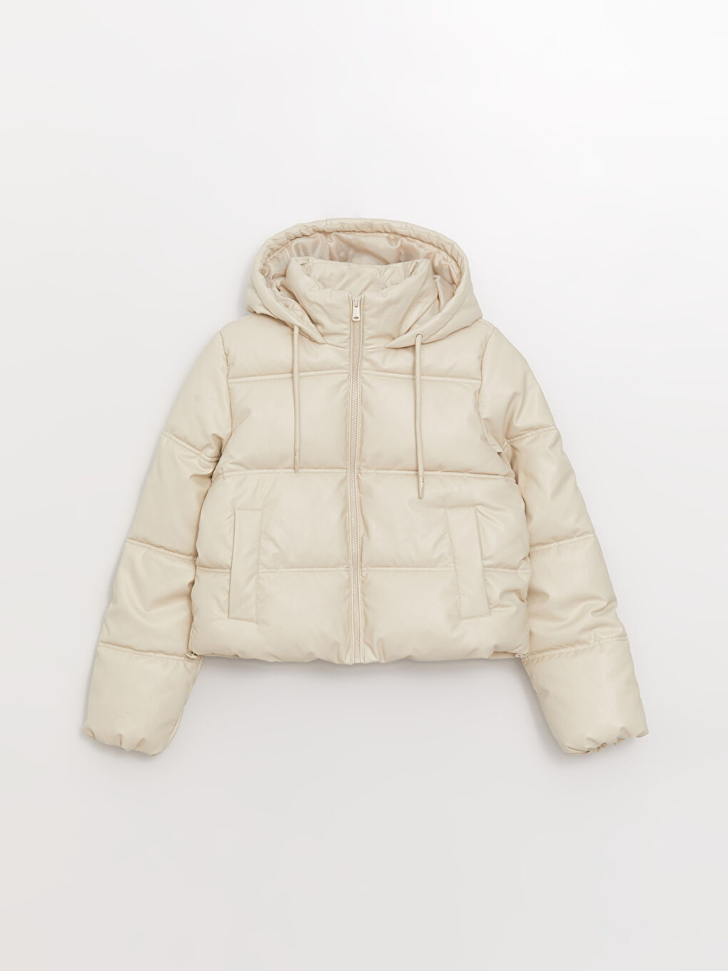 Women's Leather Look Down Jacket With Hooded Straight Long Sleeve-6