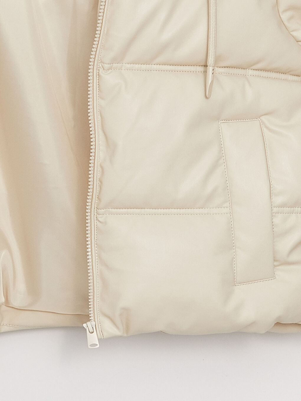 Women's Leather Look Down Jacket With Hooded Straight Long Sleeve-8