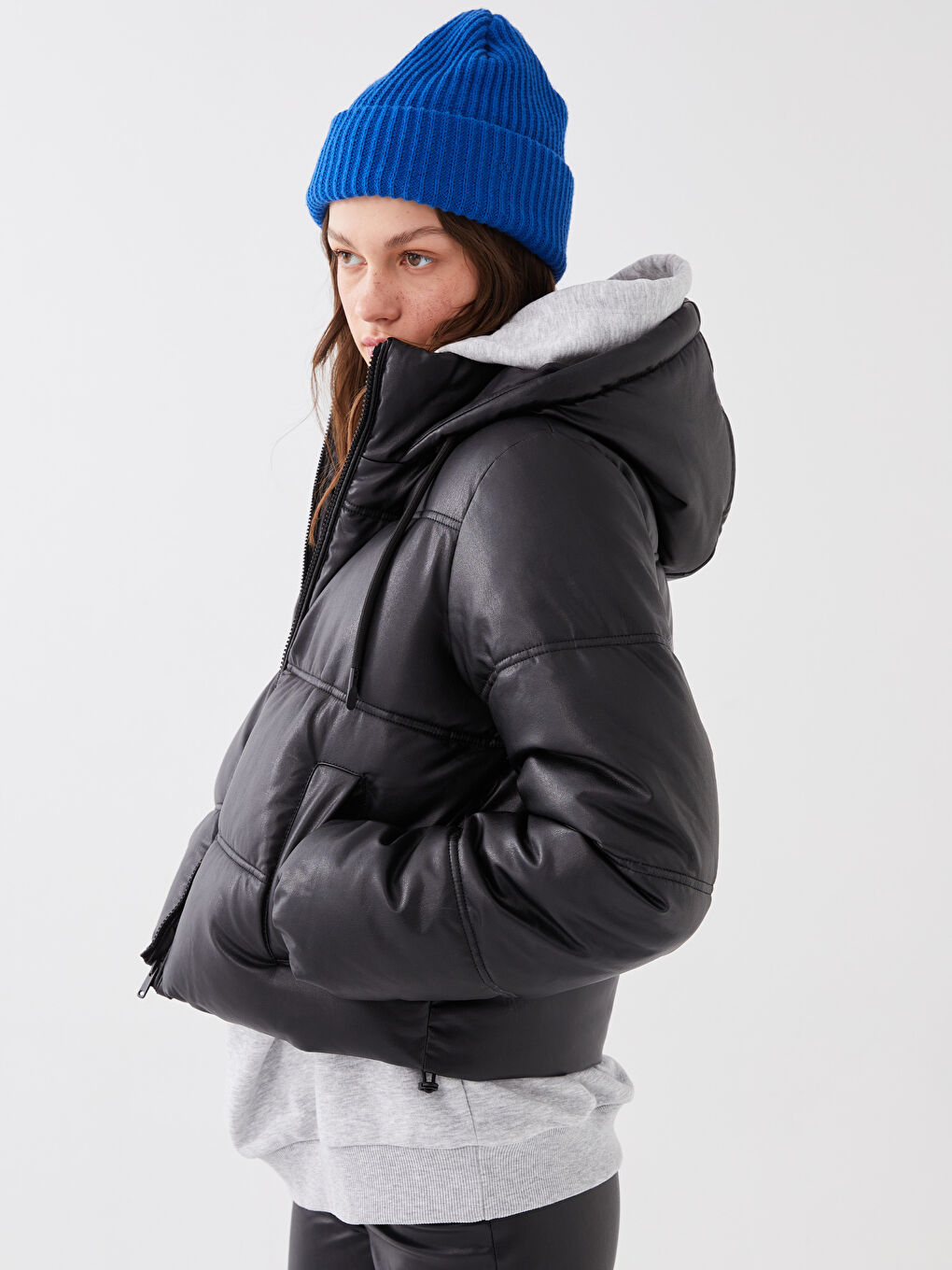 Women's Leather Look Down Jacket With Hooded Straight Long Sleeve