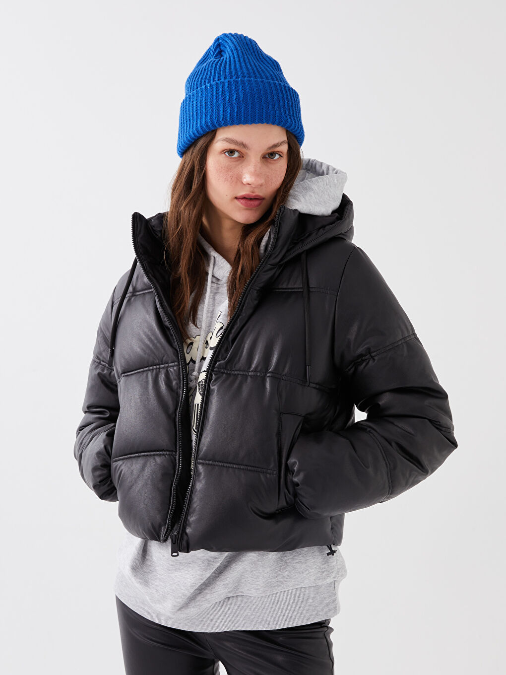 Women's Leather Look Down Jacket With Hooded Straight Long Sleeve-1