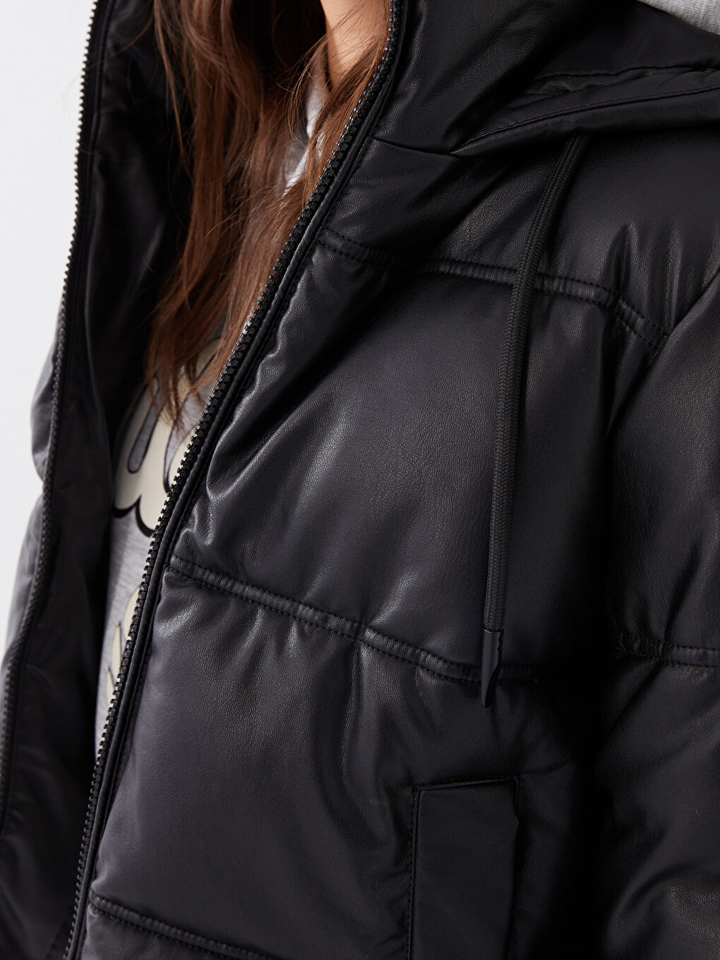 Women's Leather Look Down Jacket With Hooded Straight Long Sleeve-2