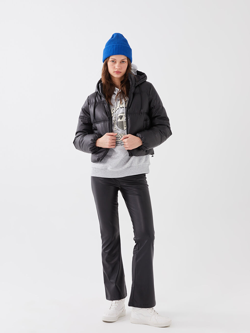 Women's Leather Look Down Jacket With Hooded Straight Long Sleeve-3