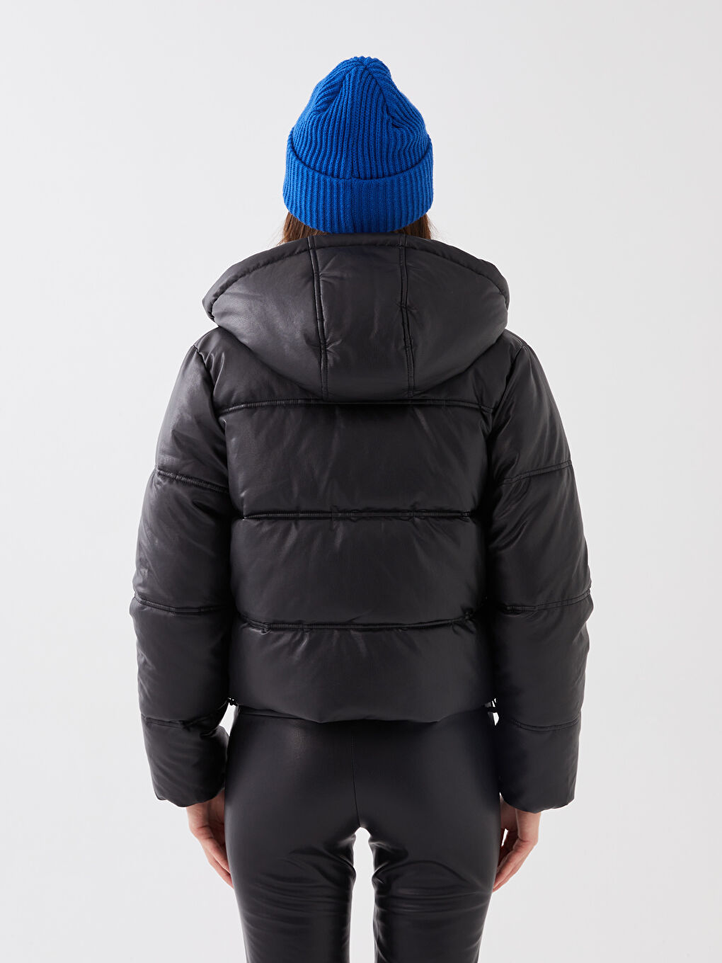 Women's Leather Look Down Jacket With Hooded Straight Long Sleeve-5