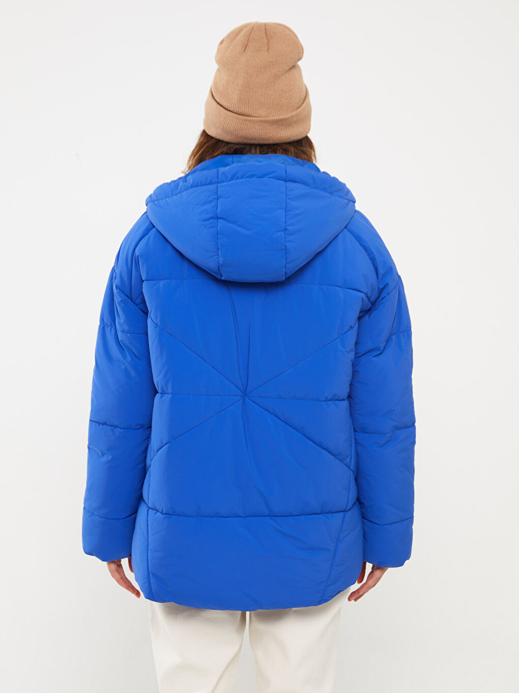 Mavi Kapüşonlu Düz Uzun Kollu Oversize Kadın Şişme Mont-5