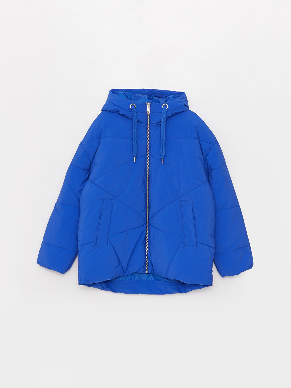 Mavi Kapüşonlu Düz Uzun Kollu Oversize Kadın Şişme Mont-6