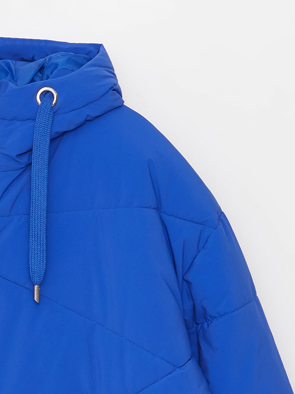 Mavi Kapüşonlu Düz Uzun Kollu Oversize Kadın Şişme Mont-8