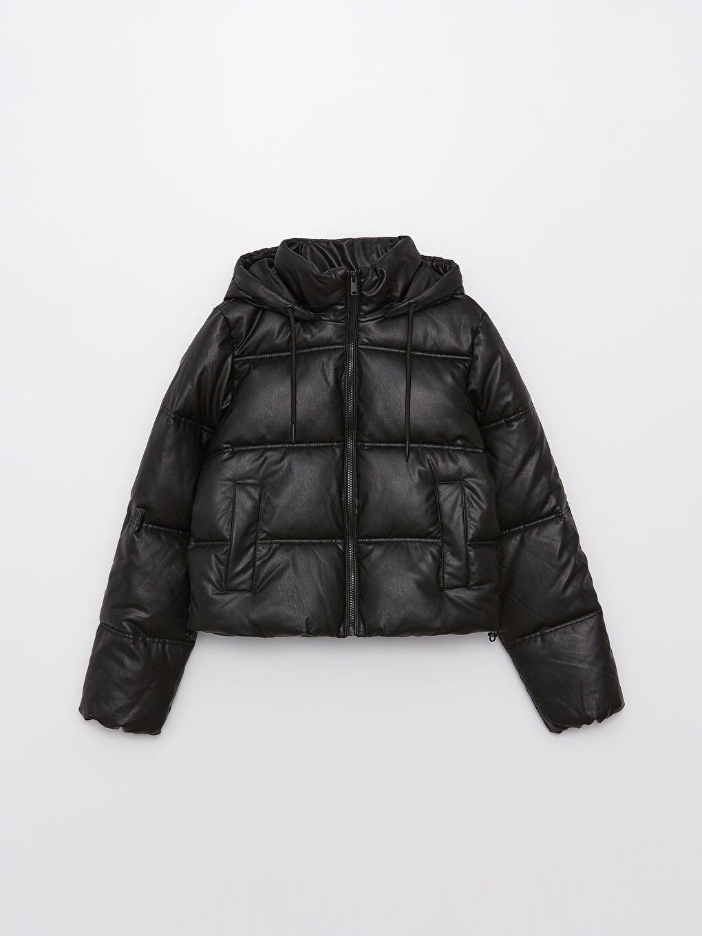 Women's Leather Look Down Jacket With Hooded Straight Long Sleeve-5
