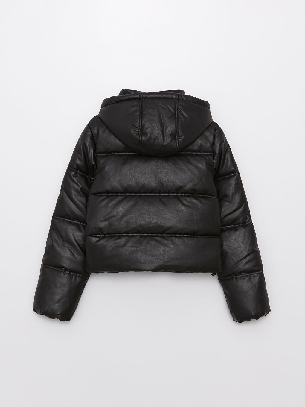 Women's Leather Look Down Jacket With Hooded Straight Long Sleeve-6