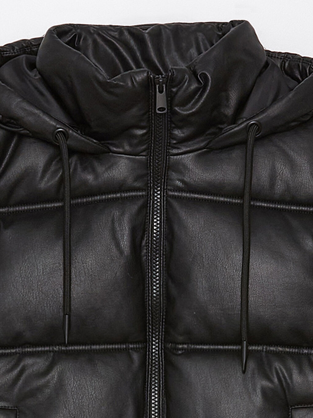 Women's Leather Look Down Jacket With Hooded Straight Long Sleeve-7