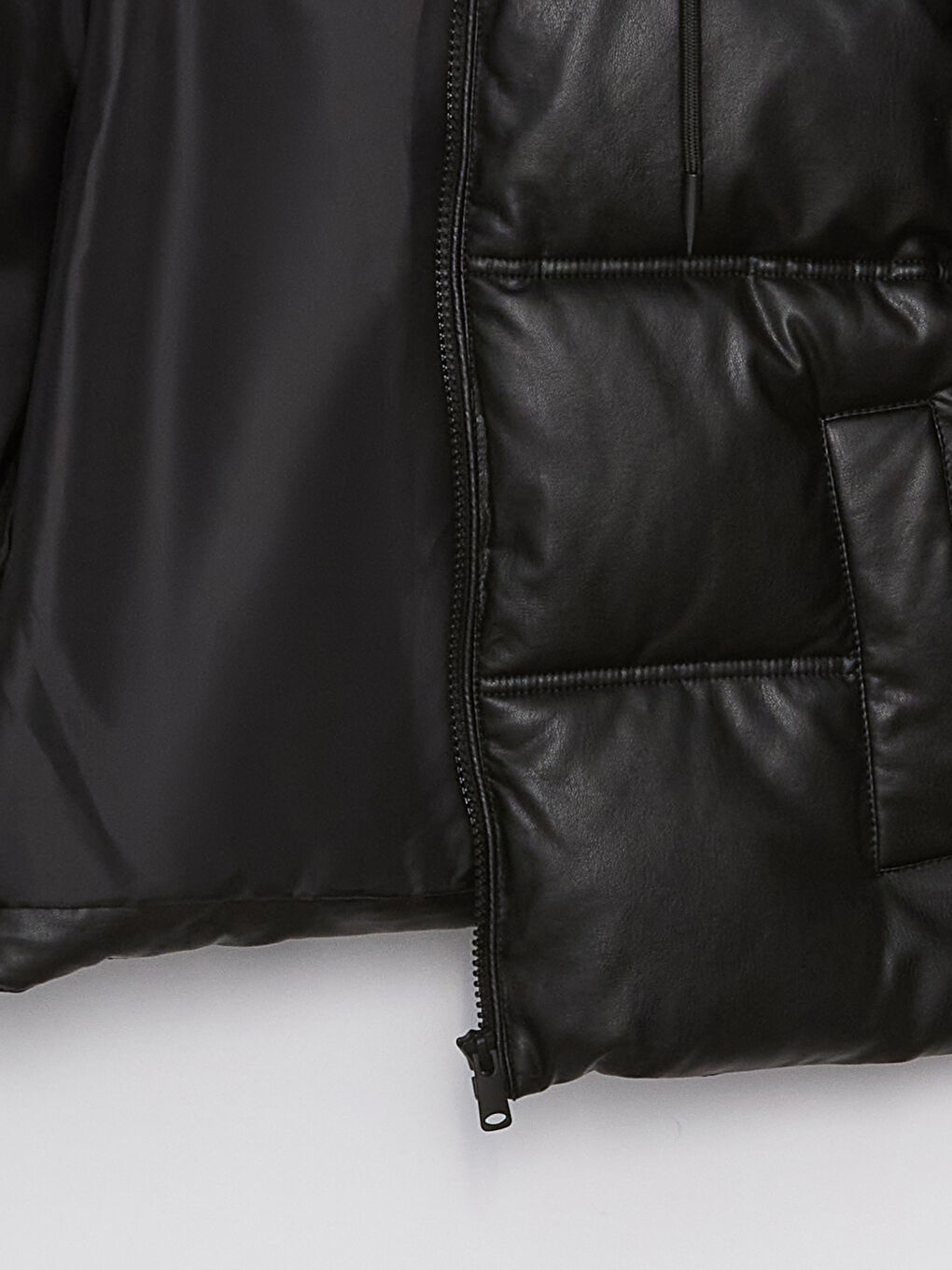 Women's Leather Look Down Jacket With Hooded Straight Long Sleeve-8