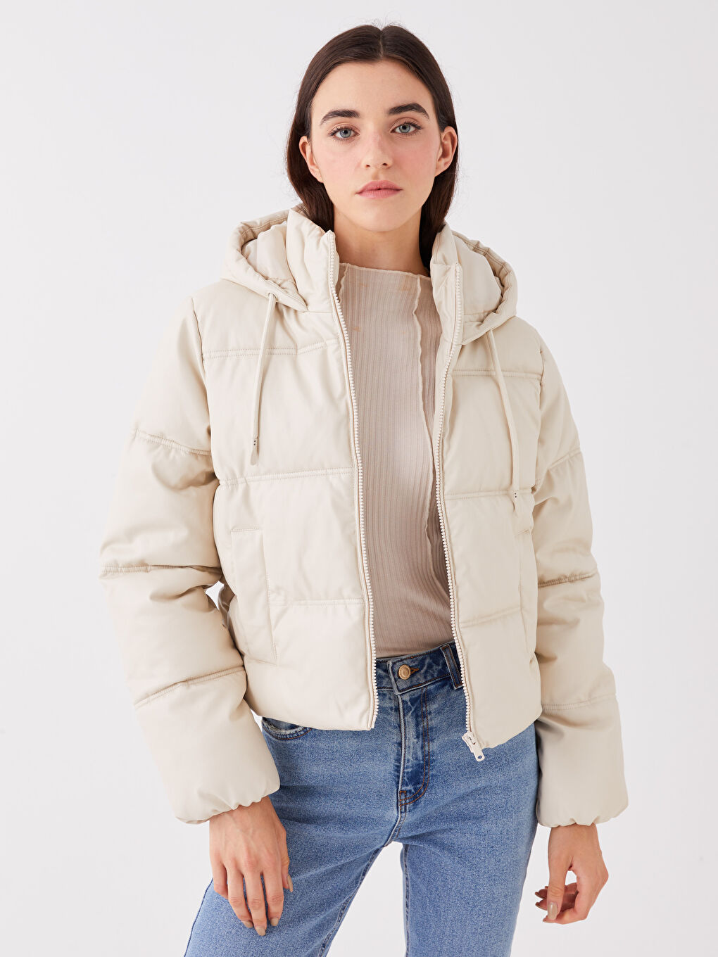 Women's Leather Look Down Jacket With Hooded Straight Long Sleeve