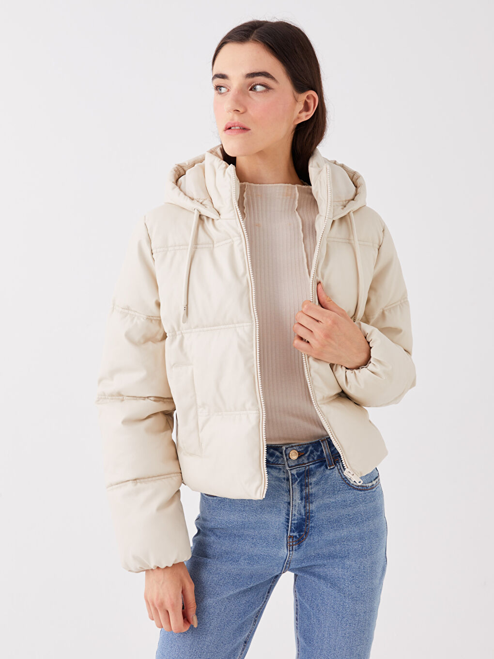 Women's Leather Look Down Jacket With Hooded Straight Long Sleeve-1